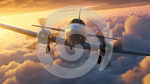 Airplane flying above clouds in dramatic sunset light. Travel and transportation concept. Generative AI. Illustration for banner,