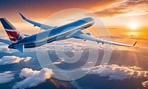 Airplane flying above the clouds at sunset