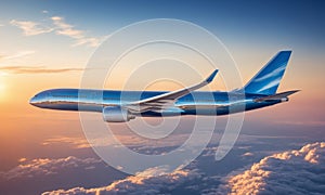 Airplane flying above the clouds at sunset