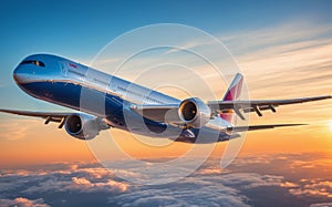 Airplane flying above the clouds at sunset