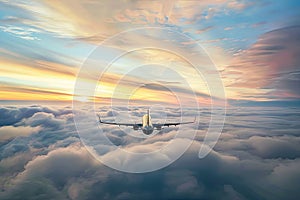 Airplane Flying Above Clouds at Sunset