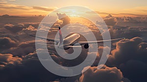 Airplane flying above the clouds at sunset, Generative AI illustrations