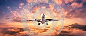 Airplane is flying above the clouds at sunset in summer