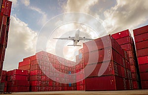 Airplane flying above container logistic. Container crisis. Freight transportation. Logistic industry. Container ship for export