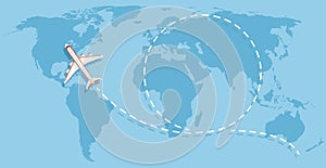 Airplane flying above world map. Aircraft travelling flat vector concept