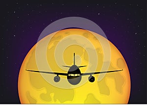 Airplane flying against the background of th full moon and the starry night sky, horizontal vector illustration