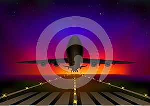 Airplane flying against the background of th starry night sky, horizontal vector illustration