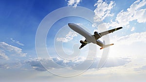 Airplane flying in the air with sunlight shining in blue sky background. Travel journey and Wanderlust transportation concept. 3D
