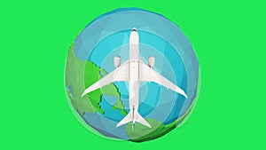 Airplane flying around cartoon earth on green background