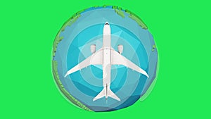 Airplane flying around cartoon earth on green background. 3d illustration