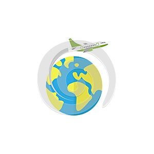 Airplane flying around earth flat icon