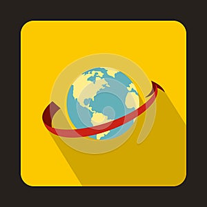 Airplane flying around earth icon, flat style