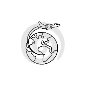 Airplane flying around earth line icon