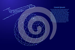 Airplane is flying around the globe from futuristic polygonal blue lines and glowing stars for banner, poster, greeting card.