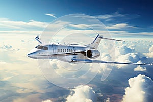 Airplane flying in the blue sky. 3d render. Business travel concept, Private jet flying over the earth. Empty blue sky with white
