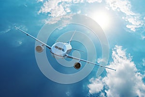 Airplane flying in blue sky with clouds. Travel and transportation concept