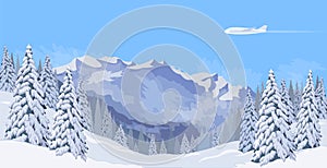 Airplane flying in a blue sky snow mountain winter landscape. Fir tree forest background travel banner template vector