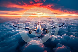 Airplane is flying through cloudy sky at sunset creating impressive view with the setting sun in the background
