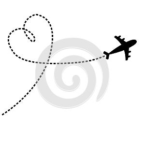 Airplane flying. Dash line heart loop in the sky. Air plane icon. Black silhouette shape. Travel trace. Happy Valentines Day Love