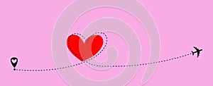 Airplane flying. Dash line heart loop in the sky. Air plane icon. Red silhouette shape. Travel trace. Happy Valentines Day Love