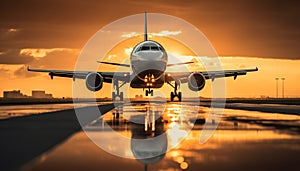 Airplane flying at dusk, reflecting sunlight on wings generated by AI