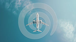 Airplane flying high in clear blue sky viewed from below. Fluffy clouds linger in background enhancing sense of altitude