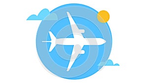 Airplane flying high in the sky. Airplane, sun and clouds icon. Vector modern illustration. Concept of flight, adventure, air