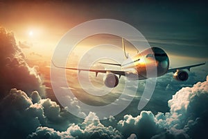 Airplane flying high in the sky at sunset. Travel concept.
