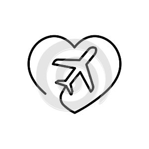 Airplane flying line icon. Heart sign. Plane with heart. Travel love icon.Love travel logo. Vector illustration