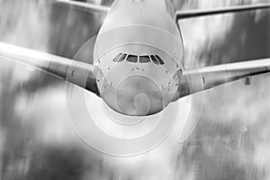 Airplane flying mid air speed blur in black and white