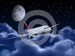 Airplane flying in the night sky