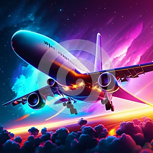 Airplane flying in the night sky. 3d render illustration. AI Generated