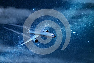 Airplane is flying in the night sky. Template, mockup, design