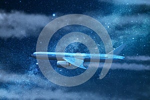 Airplane is flying in the night sky. Template, mockup, design