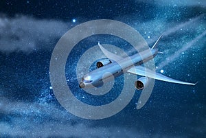 Airplane is flying in the night sky. Template, mockup, design