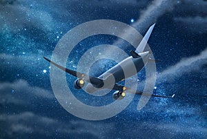 Airplane is flying in the night sky. Template, mockup, design