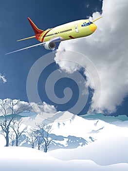 Airplane flying over Alpine mountains
