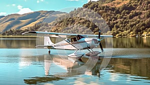 Airplane flying over blue mountain range, reflecting in tranquil water generated by AI