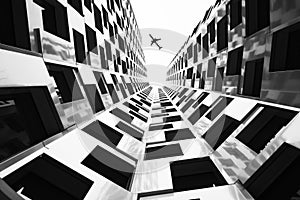 Airplane flying over building black and white