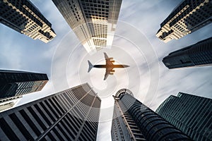 Airplane flying over city business buildings, high-rise skyscrapers