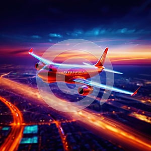 Airplane flying over city, long exposure dynamic motion with light streak