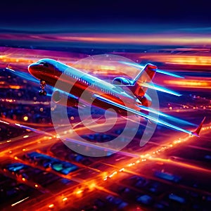 Airplane flying over city, long exposure dynamic motion with light streak