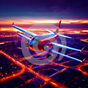 Airplane flying over city, long exposure dynamic motion with light streak