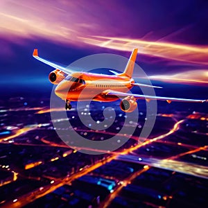 Airplane flying over city, long exposure dynamic motion with light streak