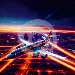 Airplane flying over city, long exposure dynamic motion with light streak