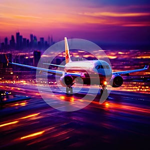 Airplane flying over city, long exposure dynamic motion with light streak