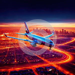 Airplane flying over city, long exposure dynamic motion with light streak