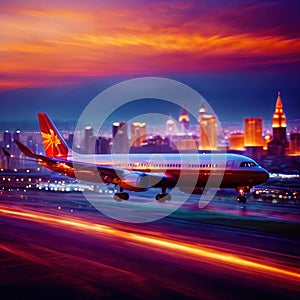 Airplane flying over city, long exposure dynamic motion with light streak