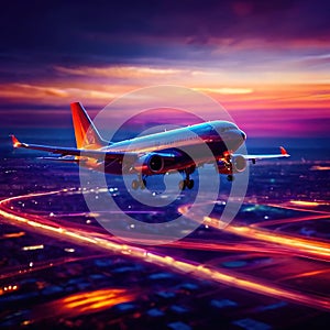 Airplane flying over city, long exposure dynamic motion with light streak