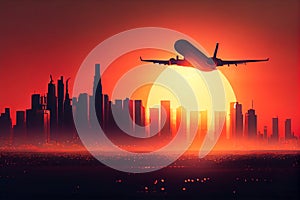 Airplane flying over the city at sunset. Travel concept. Generative AI
